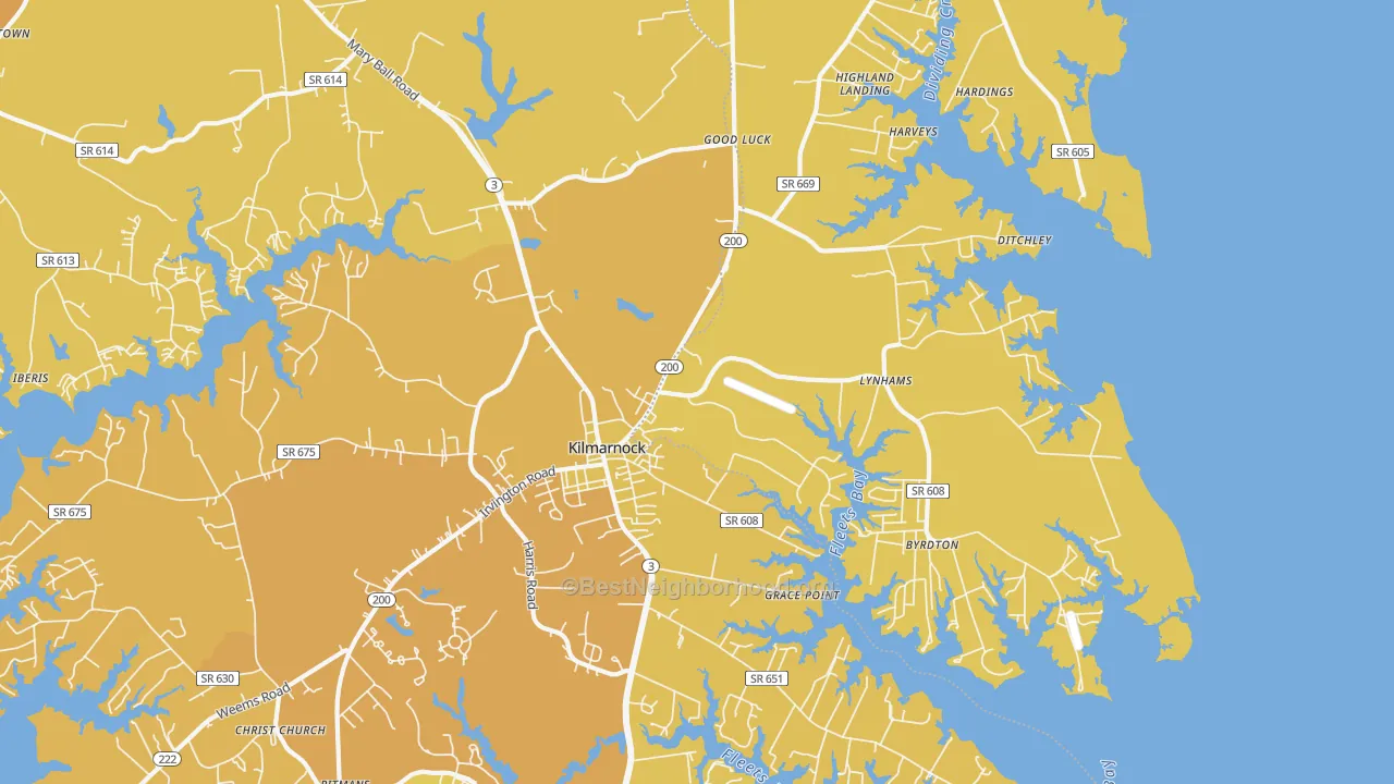 Map of the best neighborhoods in the 22482 area, with better matches in green and worse matches in red