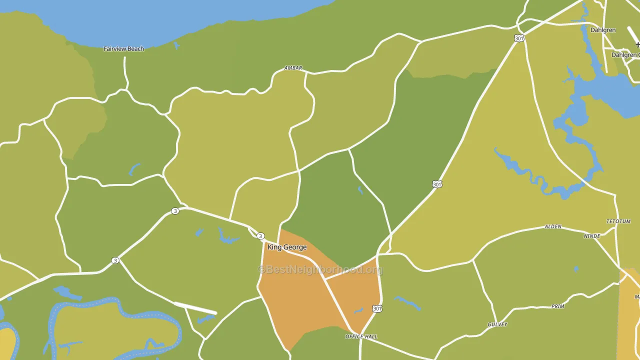 Map of the best neighborhoods in the 22485 area, with better matches in green and worse matches in red