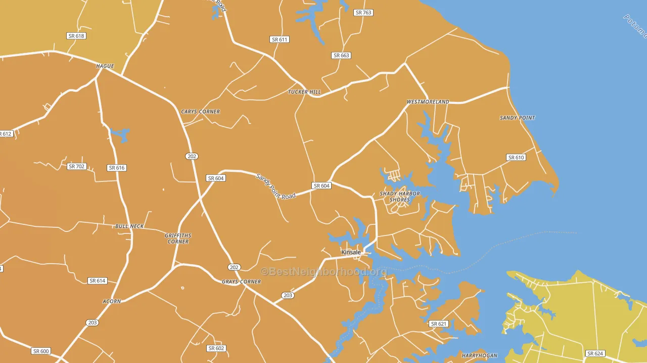 Map of the best neighborhoods in the 22488 area, with better matches in green and worse matches in red