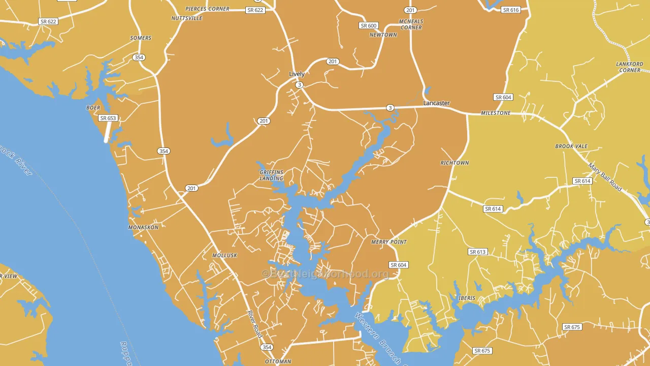 Map of the best neighborhoods in the 22503 area, with better matches in green and worse matches in red