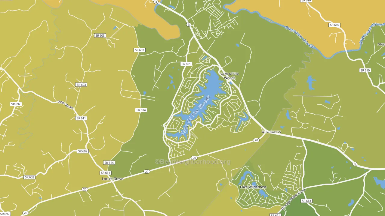 Map of the best neighborhoods in the 22508 area, with better matches in green and worse matches in red