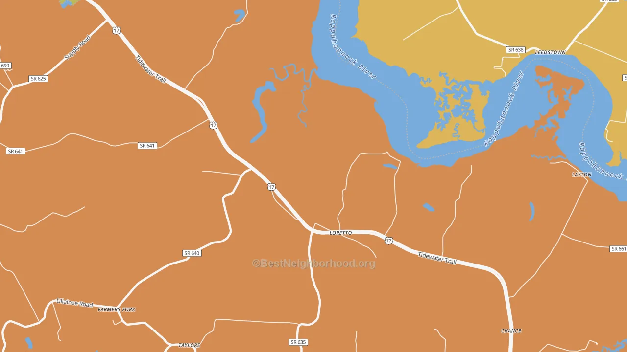Map of the best neighborhoods in the 22509 area, with better matches in green and worse matches in red
