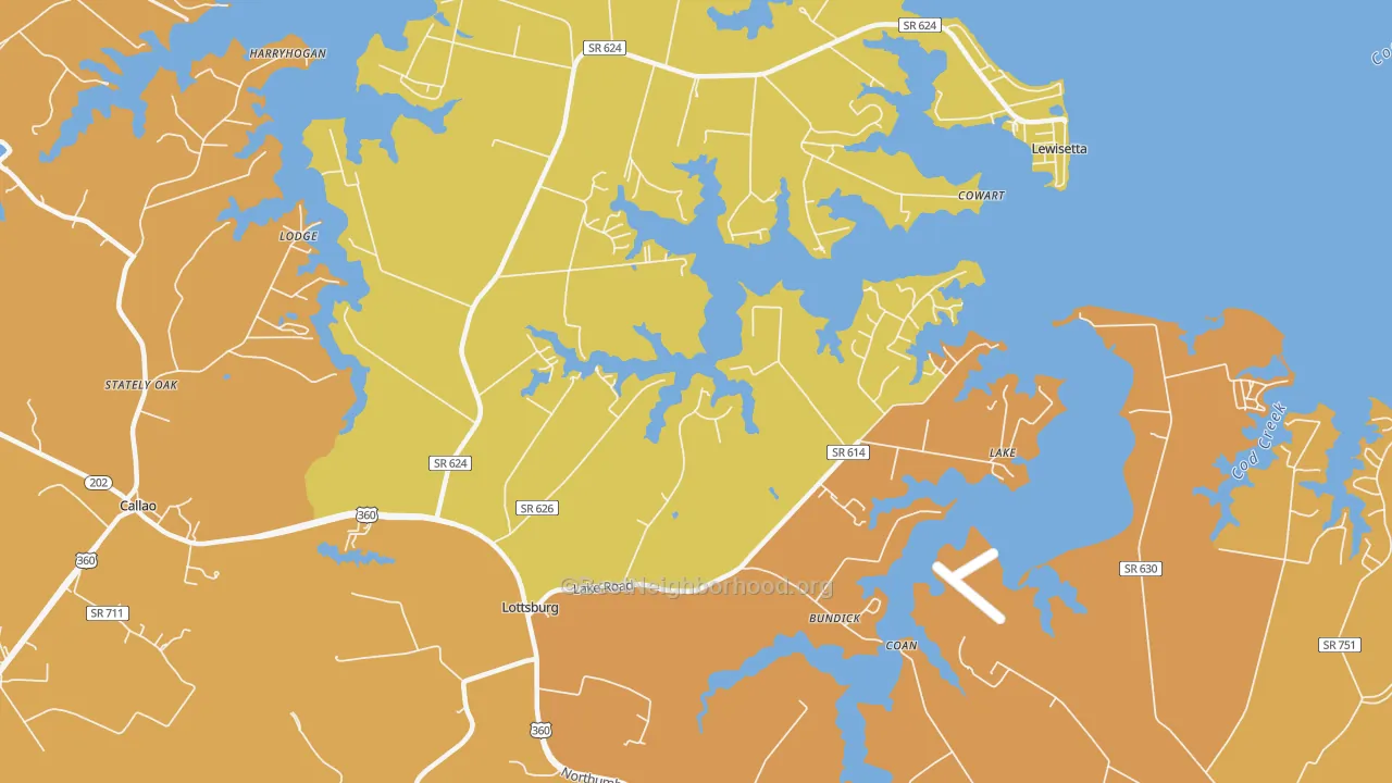 Map of the best neighborhoods in the 22511 area, with better matches in green and worse matches in red