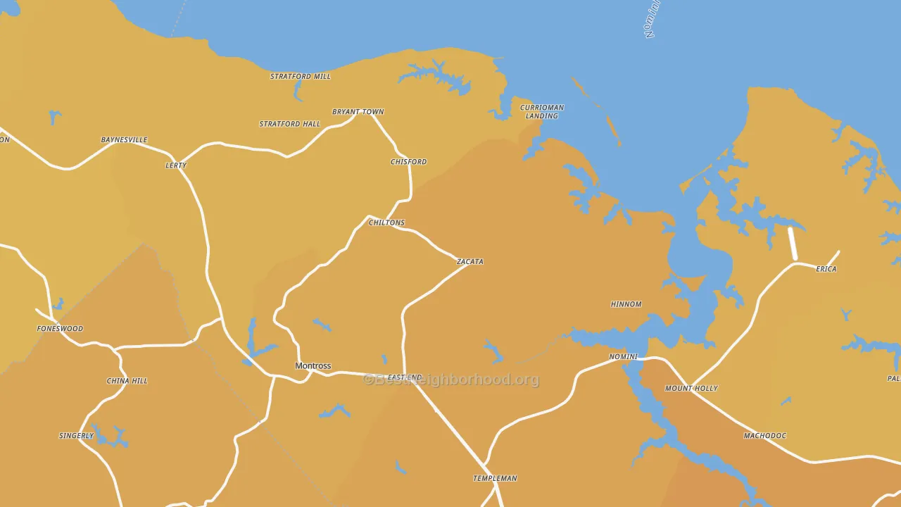Map of the best neighborhoods in the 22520 area, with better matches in green and worse matches in red