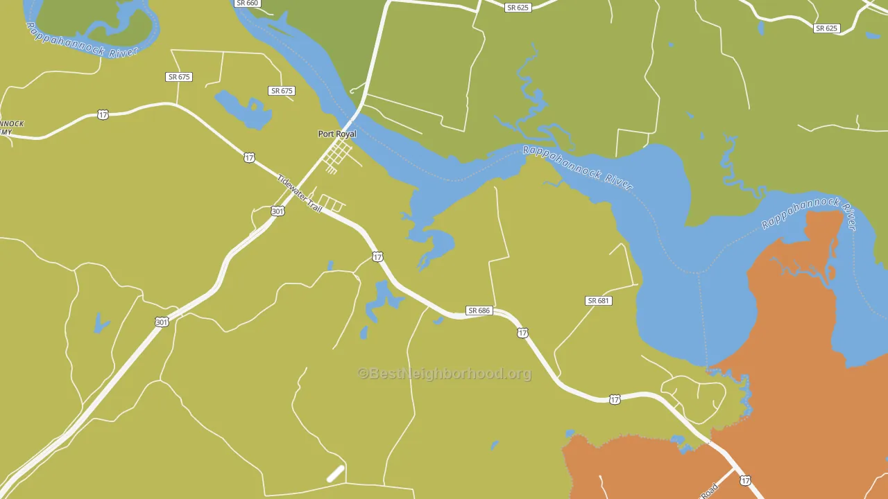 Map of the best neighborhoods in the 22535 area, with better matches in green and worse matches in red