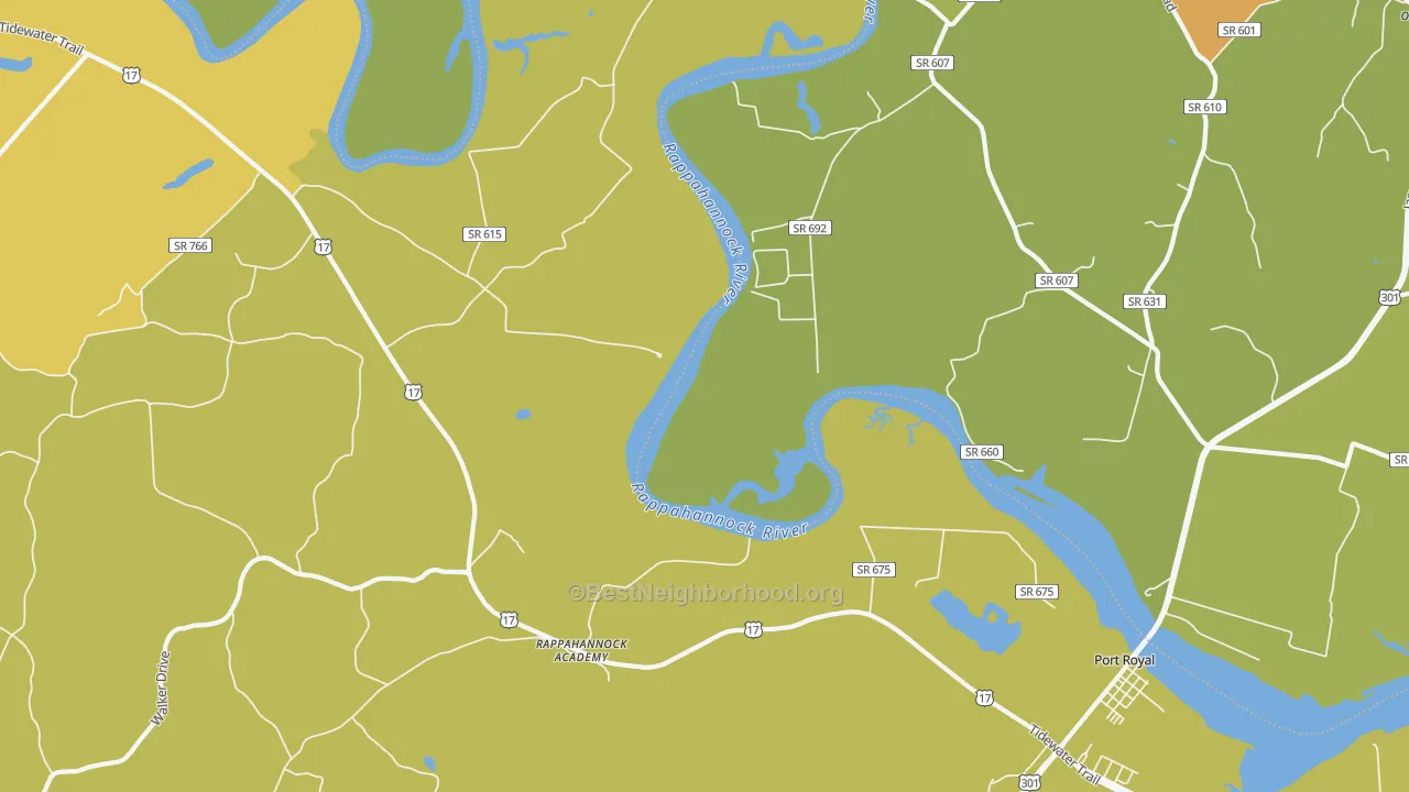 Map of the best neighborhoods in the 22538 area, with better matches in green and worse matches in red