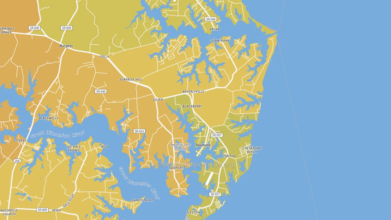 Map of the best neighborhoods in the 22539 area, with better matches in green and worse matches in red