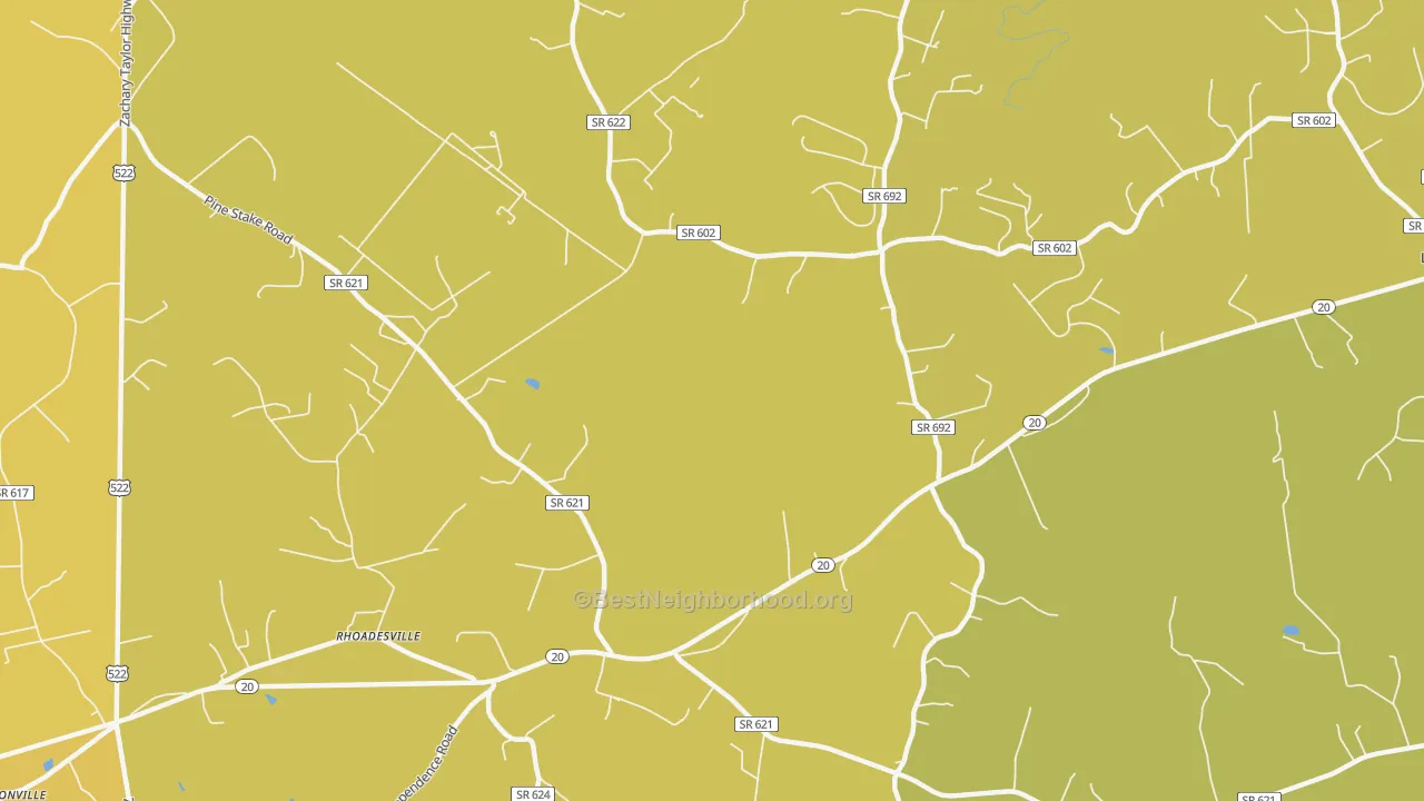 Map of the best neighborhoods in the 22542 area, with better matches in green and worse matches in red