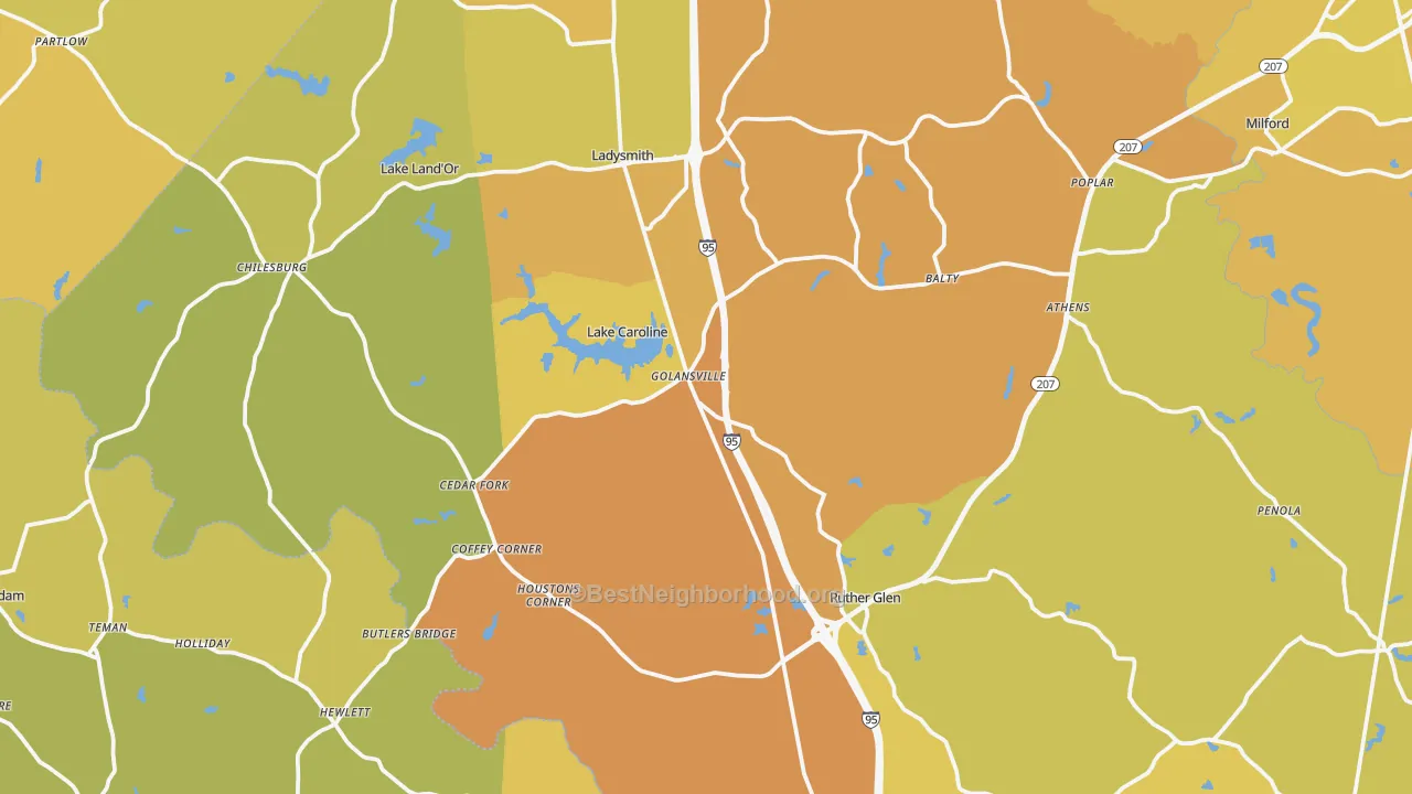Map of the best neighborhoods in the 22546 area, with better matches in green and worse matches in red