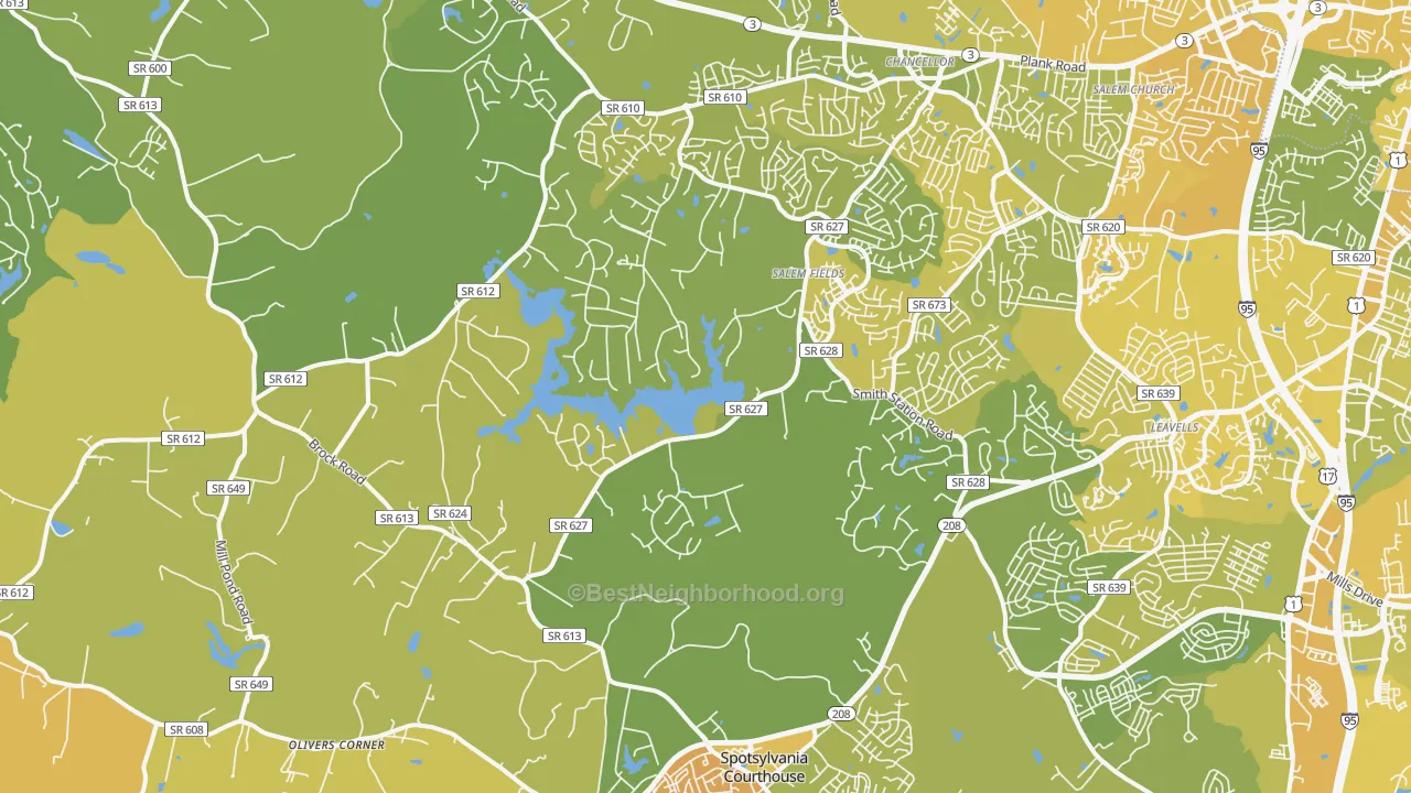 Map of the best neighborhoods in the 22553 area, with better matches in green and worse matches in red