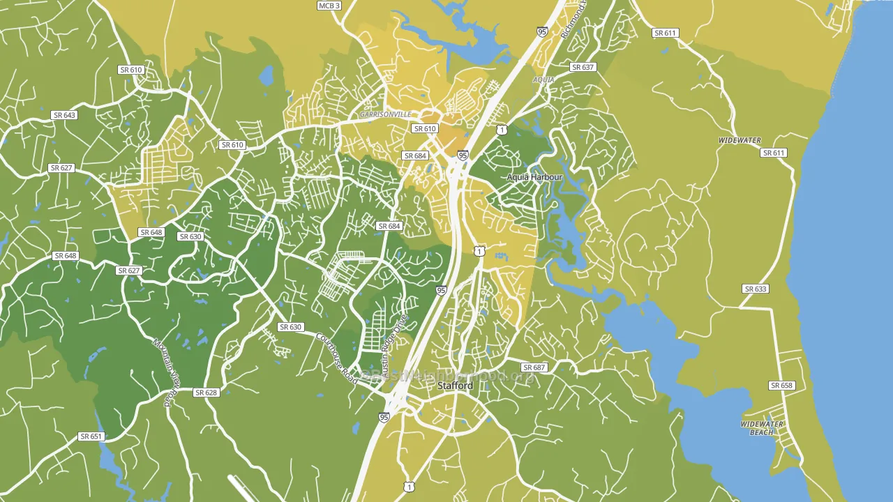 Map of the best neighborhoods in the 22554 area, with better matches in green and worse matches in red