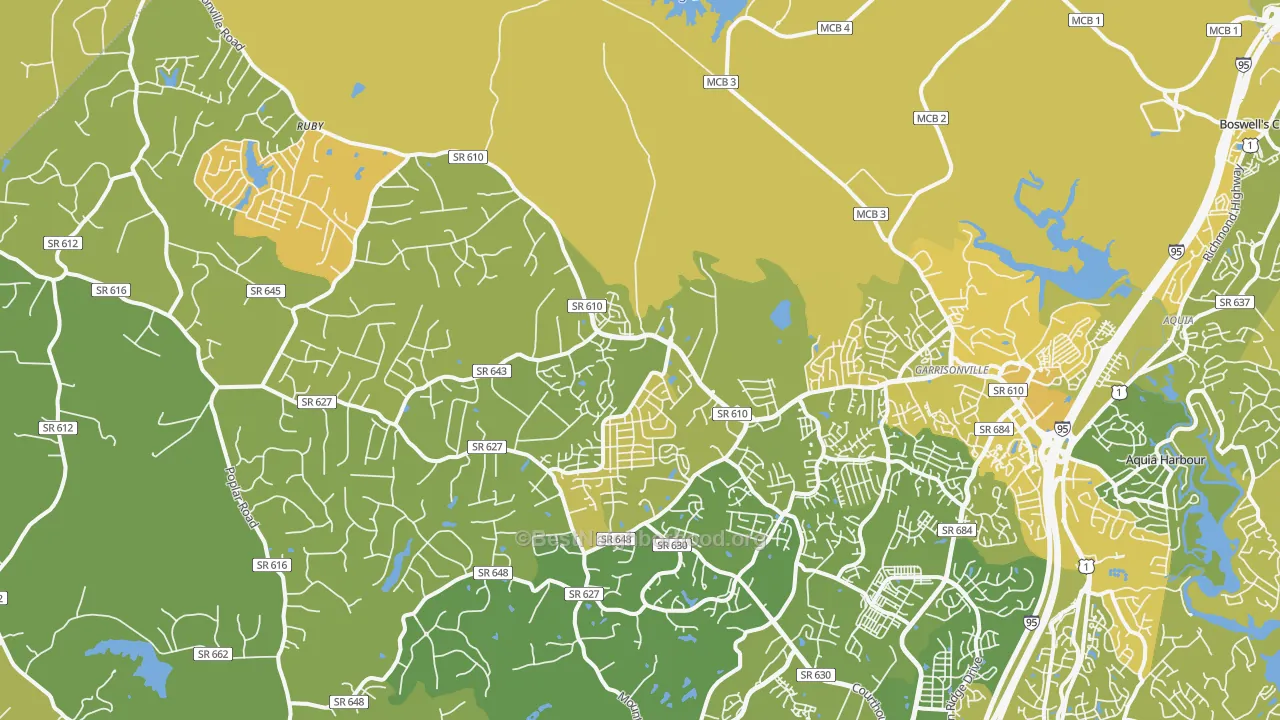 Map of the best neighborhoods in the 22556 area, with better matches in green and worse matches in red