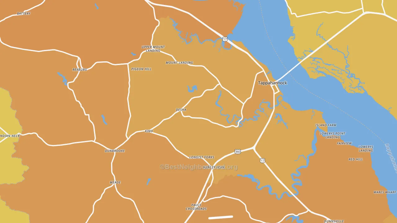 Map of the best neighborhoods in the 22560 area, with better matches in green and worse matches in red