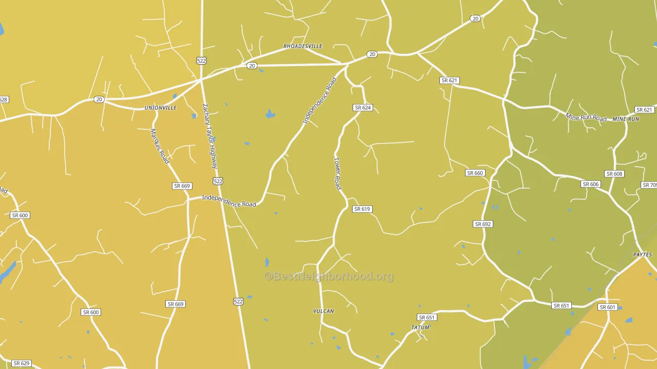 Map of the best neighborhoods in the 22567 area, with better matches in green and worse matches in red
