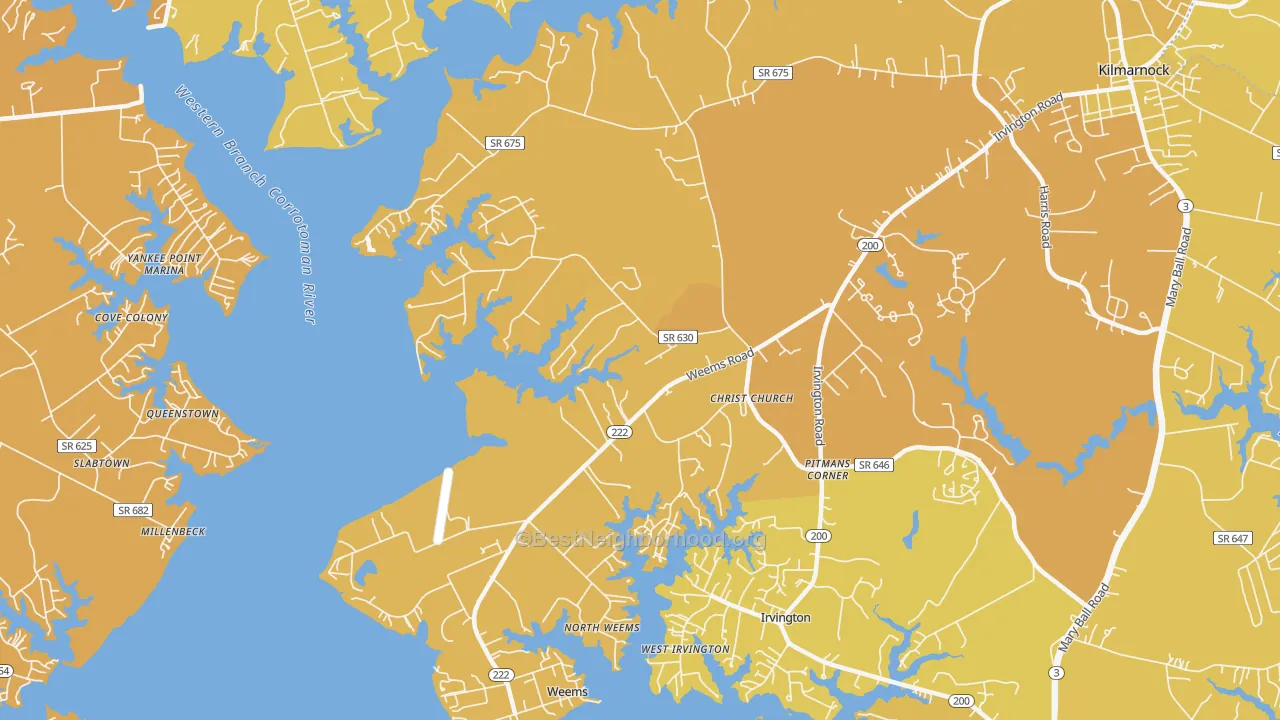 Map of the best neighborhoods in the 22576 area, with better matches in green and worse matches in red