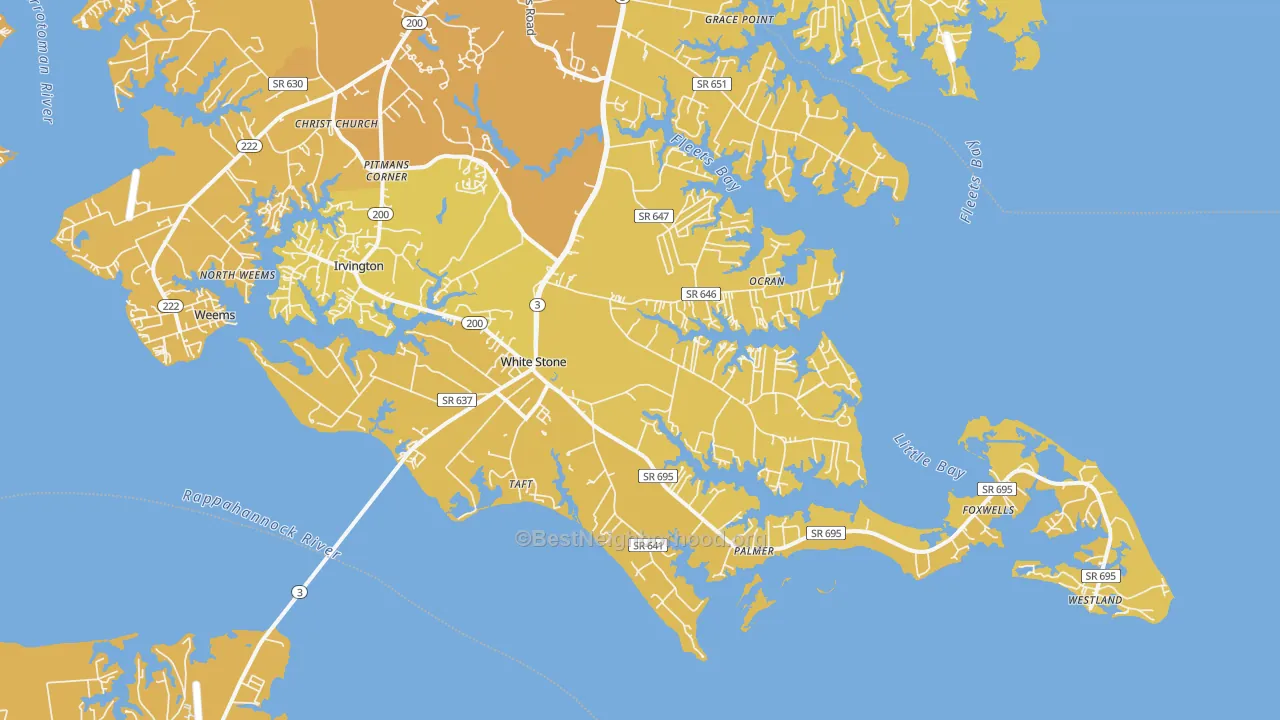 Map of the best neighborhoods in the 22578 area, with better matches in green and worse matches in red