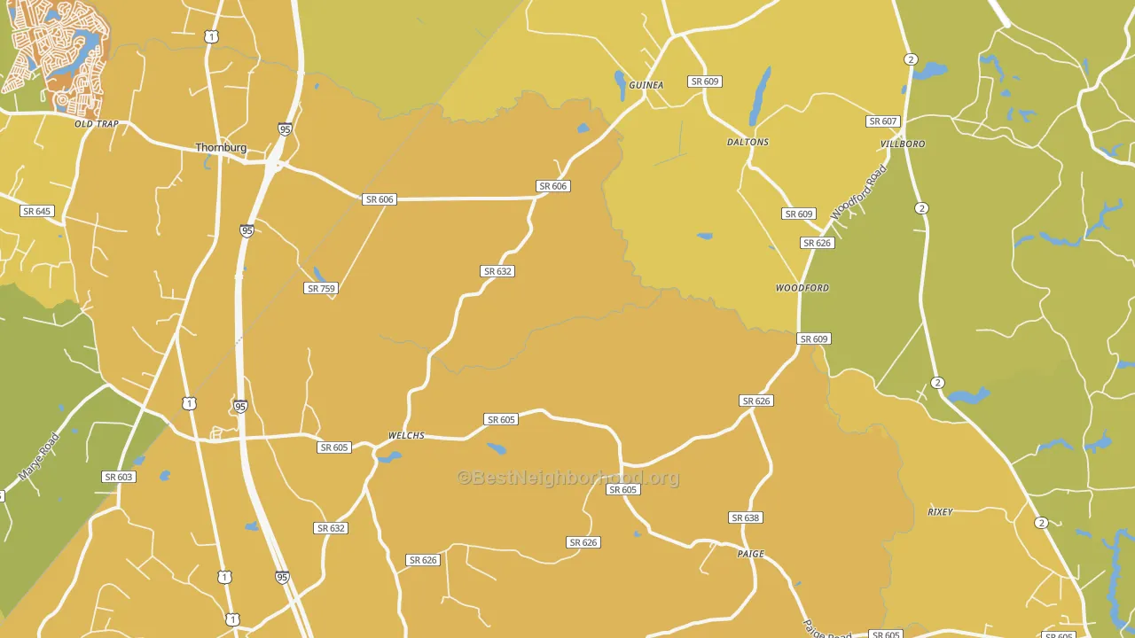 Map of the best neighborhoods in the 22580 area, with better matches in green and worse matches in red