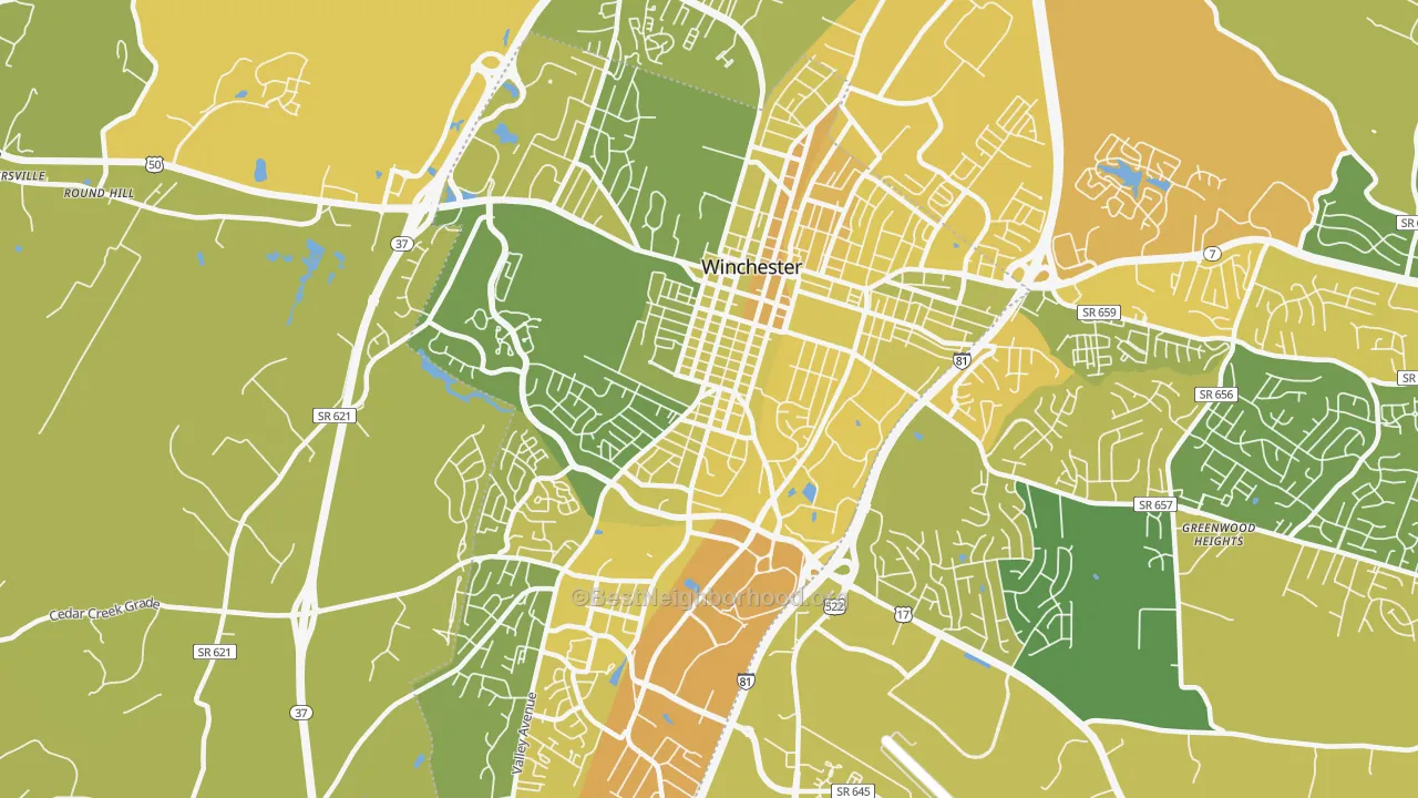 Map of the best neighborhoods in the 22601 area, with better matches in green and worse matches in red