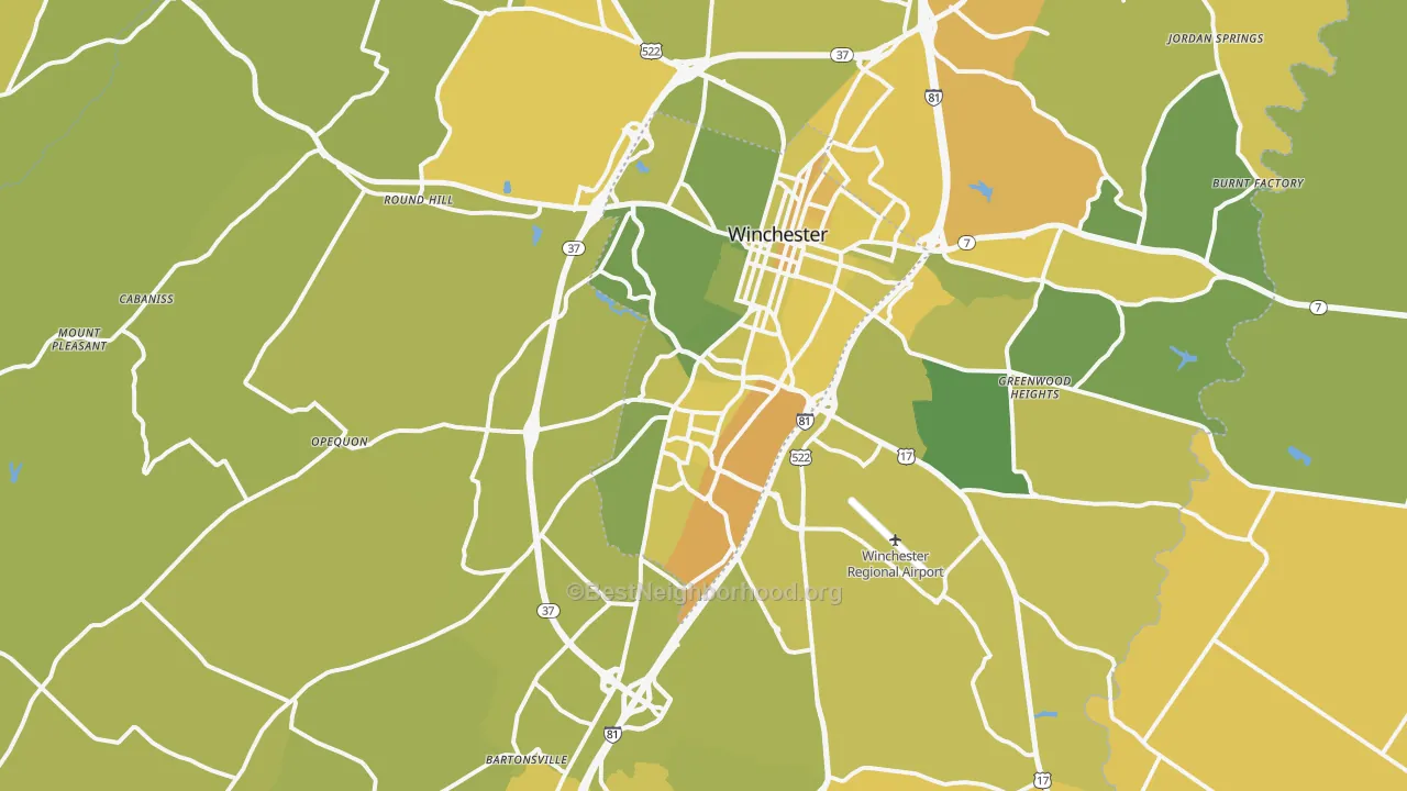 Map of the best neighborhoods in the 22602 area, with better matches in green and worse matches in red