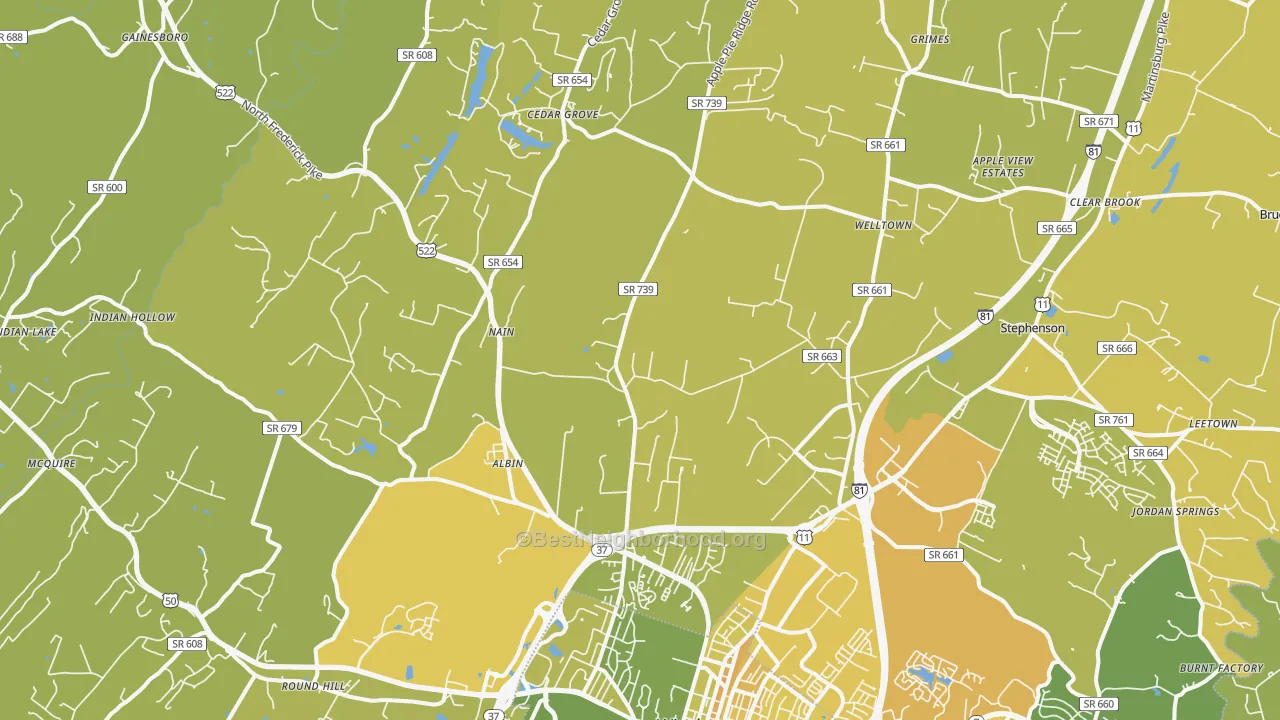 Map of the best neighborhoods in the 22603 area, with better matches in green and worse matches in red