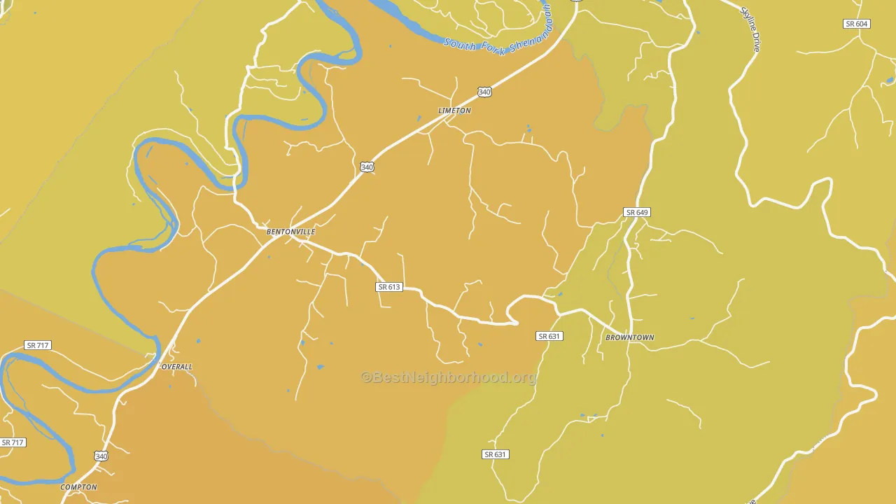 Map of the best neighborhoods in the 22610 area, with better matches in green and worse matches in red