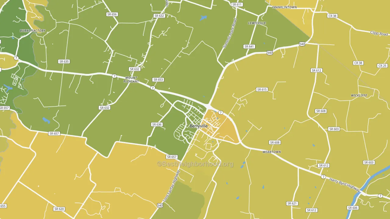 Map of the best neighborhoods in the 22611 area, with better matches in green and worse matches in red