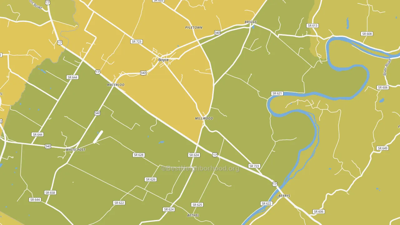 Map of the best neighborhoods in the 22620 area, with better matches in green and worse matches in red