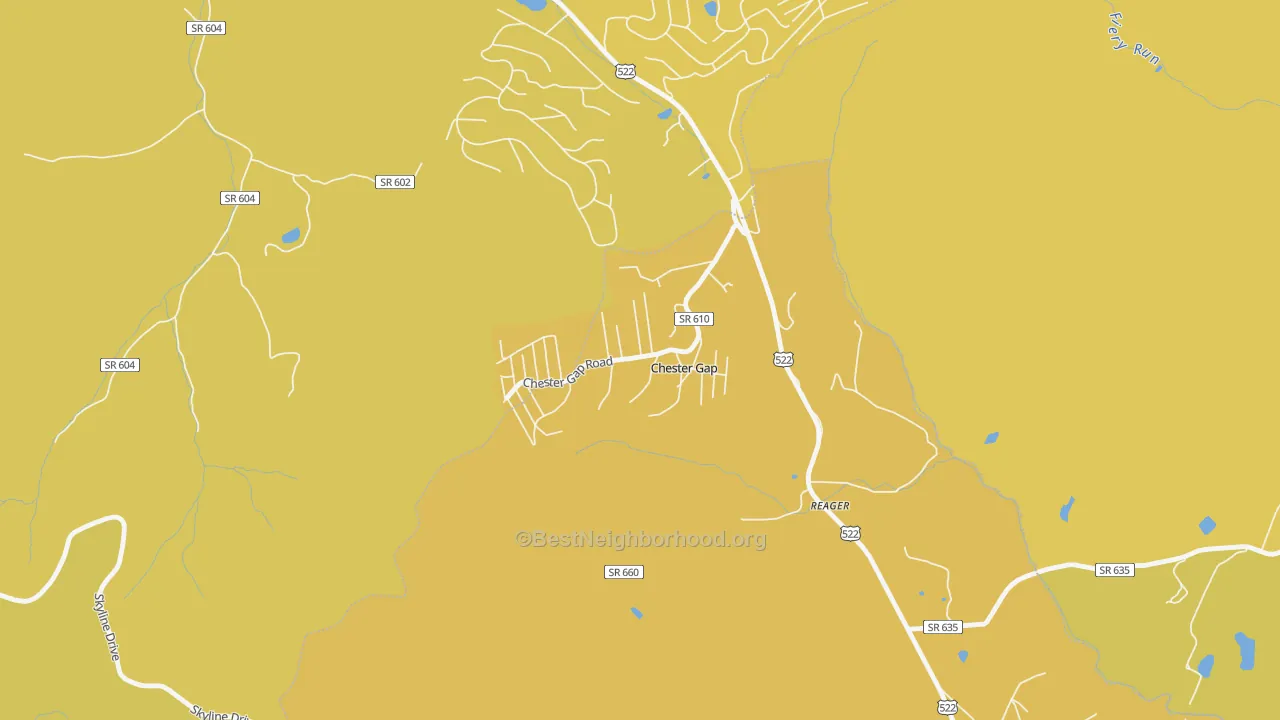 Map of the best neighborhoods in the 22623 area, with better matches in green and worse matches in red