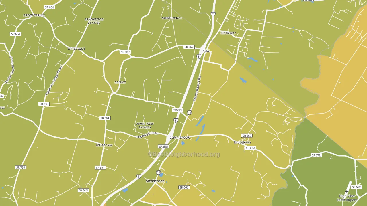 Map of the best neighborhoods in the 22624 area, with better matches in green and worse matches in red