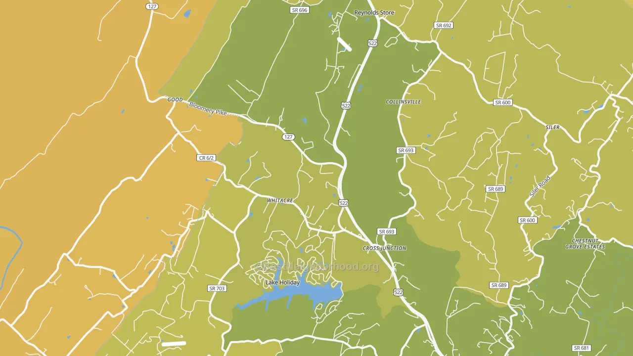 Map of the best neighborhoods in the 22625 area, with better matches in green and worse matches in red