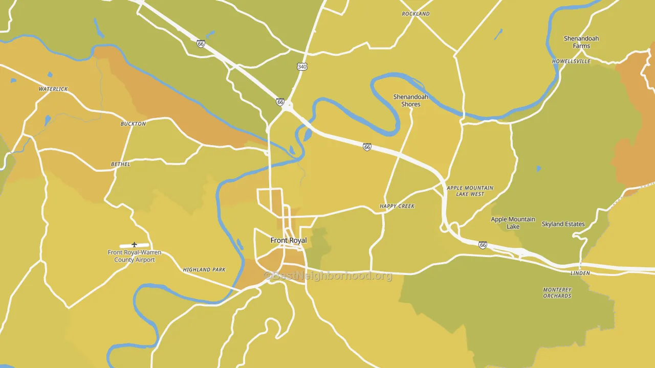 Map of the best neighborhoods in the 22630 area, with better matches in green and worse matches in red