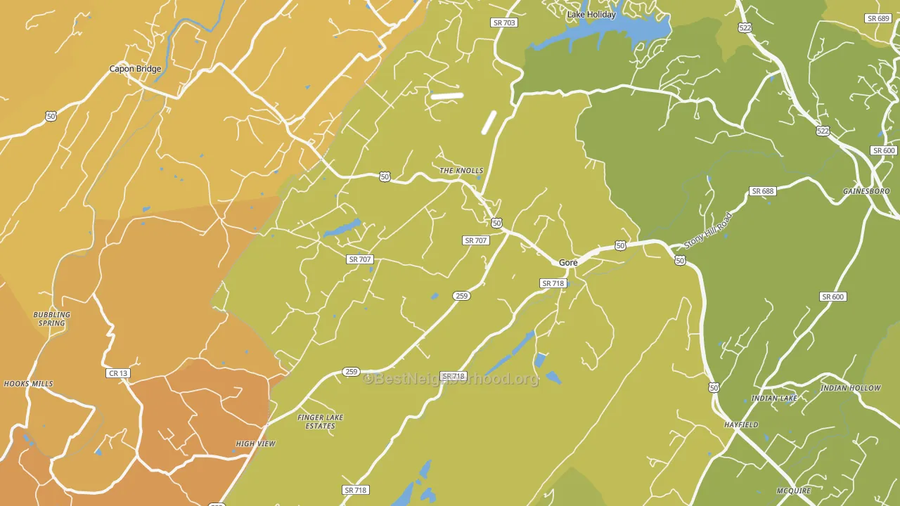 Map of the best neighborhoods in the 22637 area, with better matches in green and worse matches in red