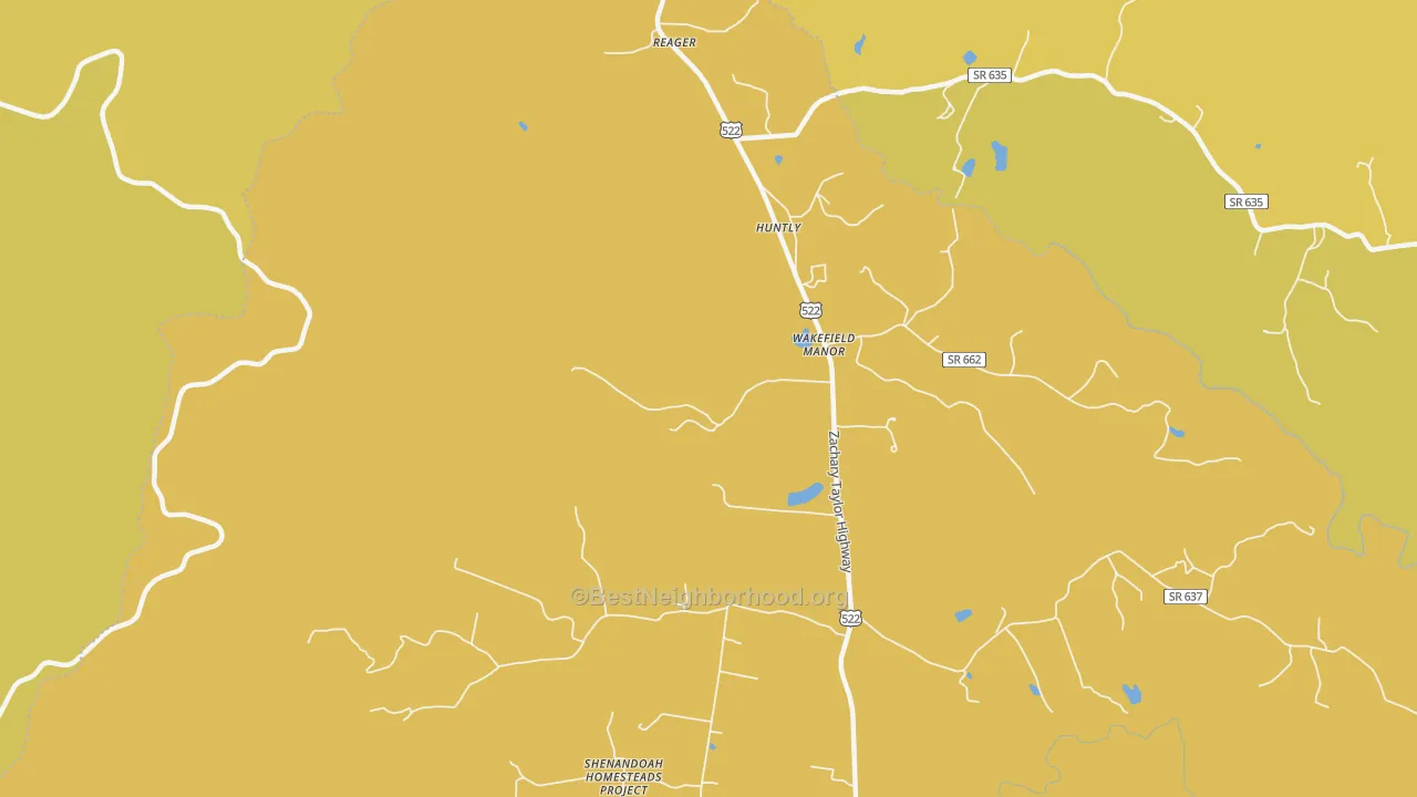 Map of the best neighborhoods in the 22640 area, with better matches in green and worse matches in red