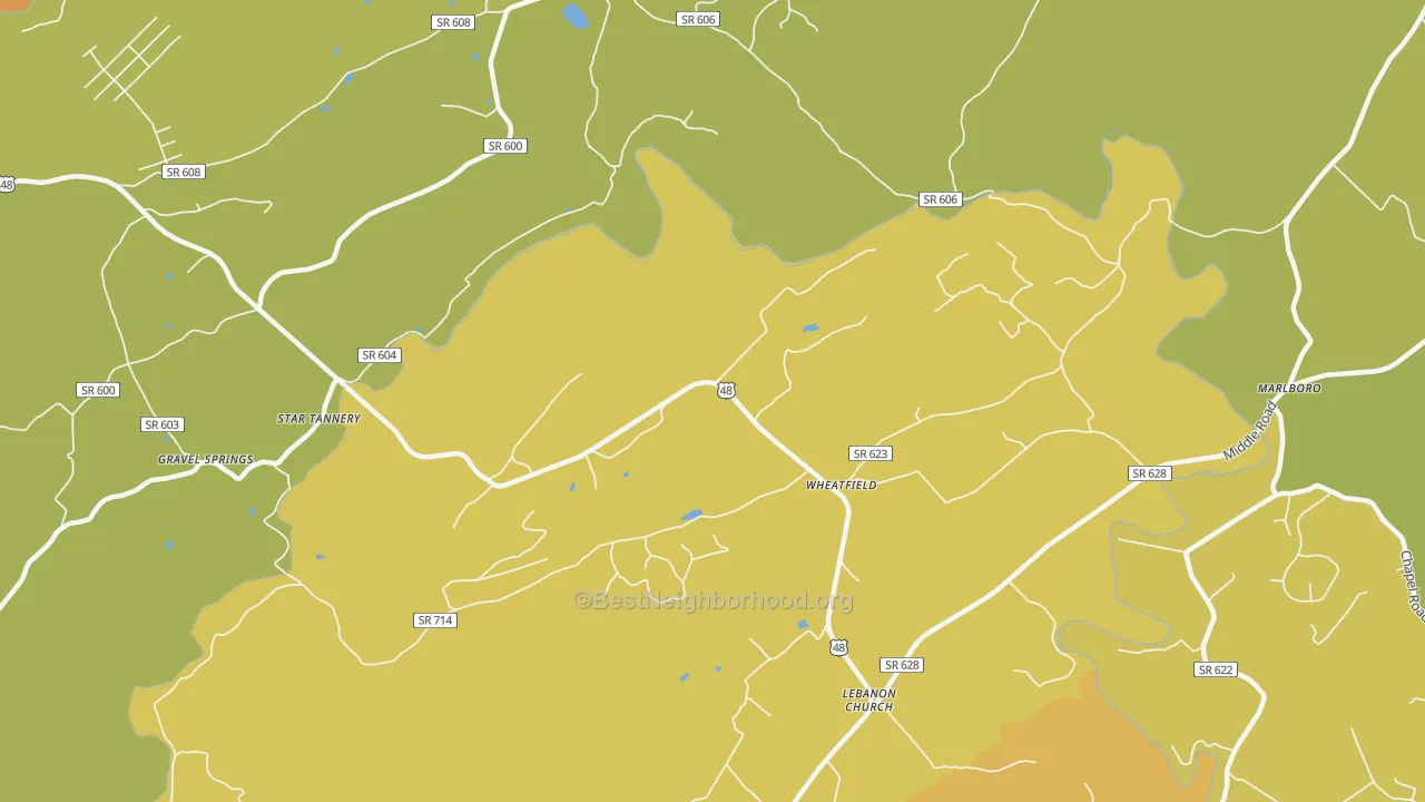 Map of the best neighborhoods in the 22641 area, with better matches in green and worse matches in red
