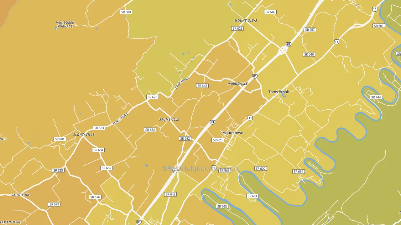 Map of the best neighborhoods in the 22644 area, with better matches in green and worse matches in red