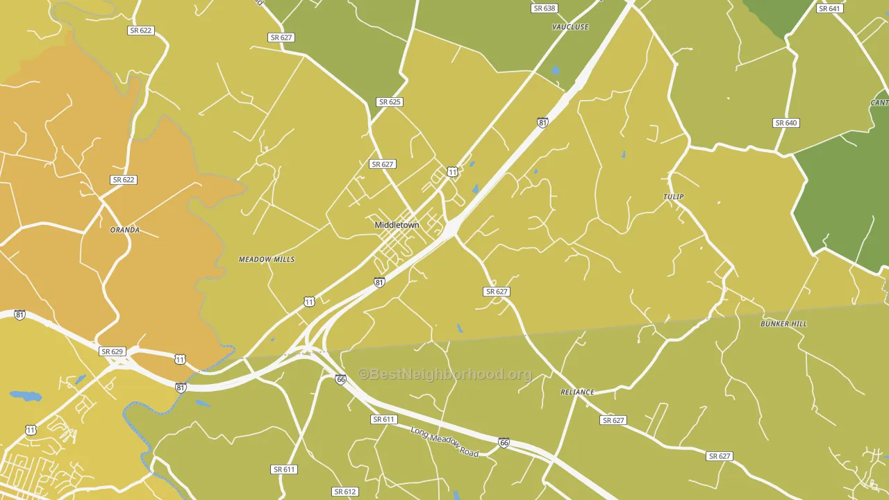 Map of the best neighborhoods in the 22645 area, with better matches in green and worse matches in red