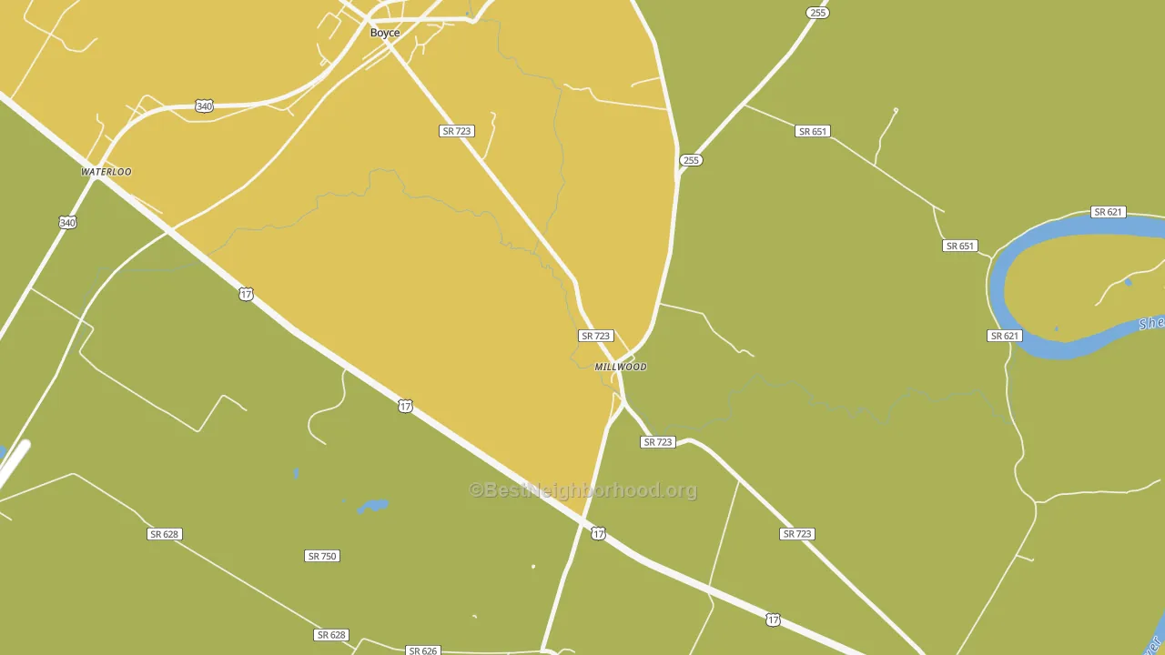 Map of the best neighborhoods in the 22646 area, with better matches in green and worse matches in red