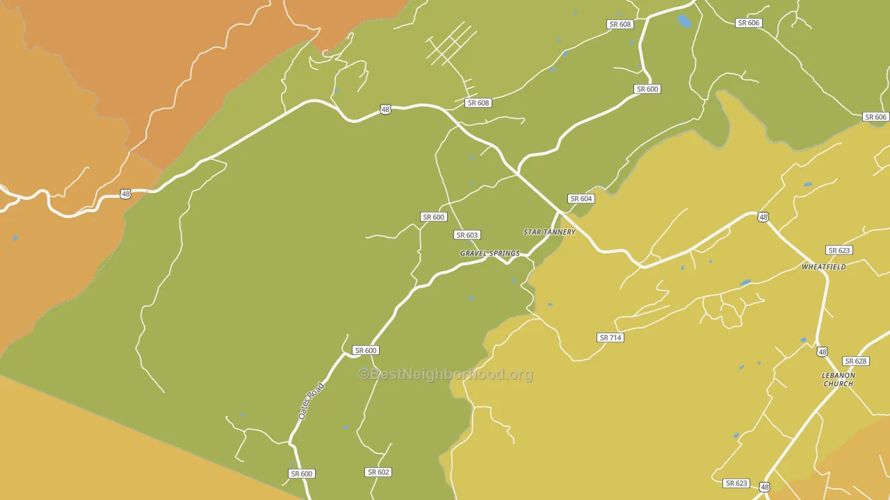 Map of the best neighborhoods in the 22654 area, with better matches in green and worse matches in red