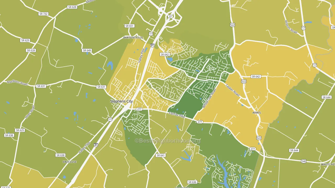 Map of the best neighborhoods in the 22655 area, with better matches in green and worse matches in red