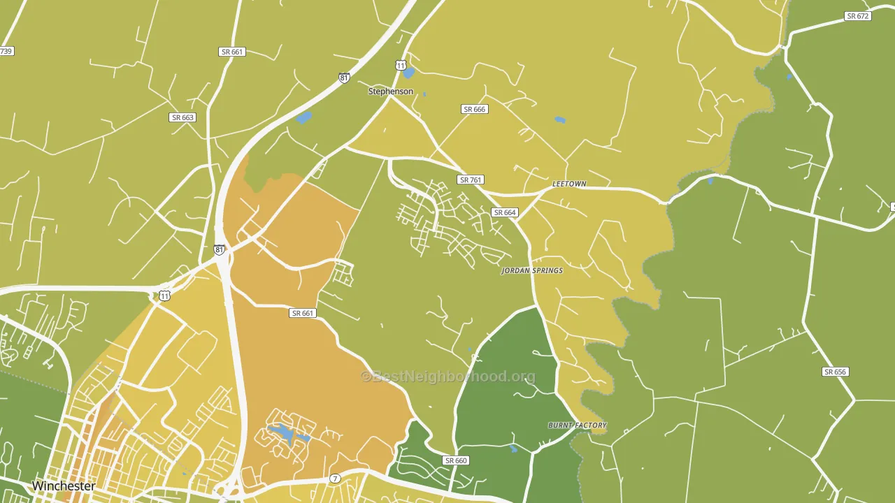 Map of the best neighborhoods in the 22656 area, with better matches in green and worse matches in red
