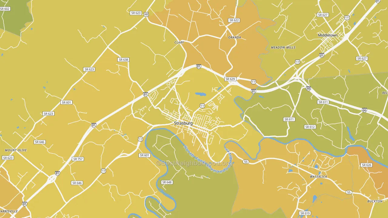Map of the best neighborhoods in the 22657 area, with better matches in green and worse matches in red