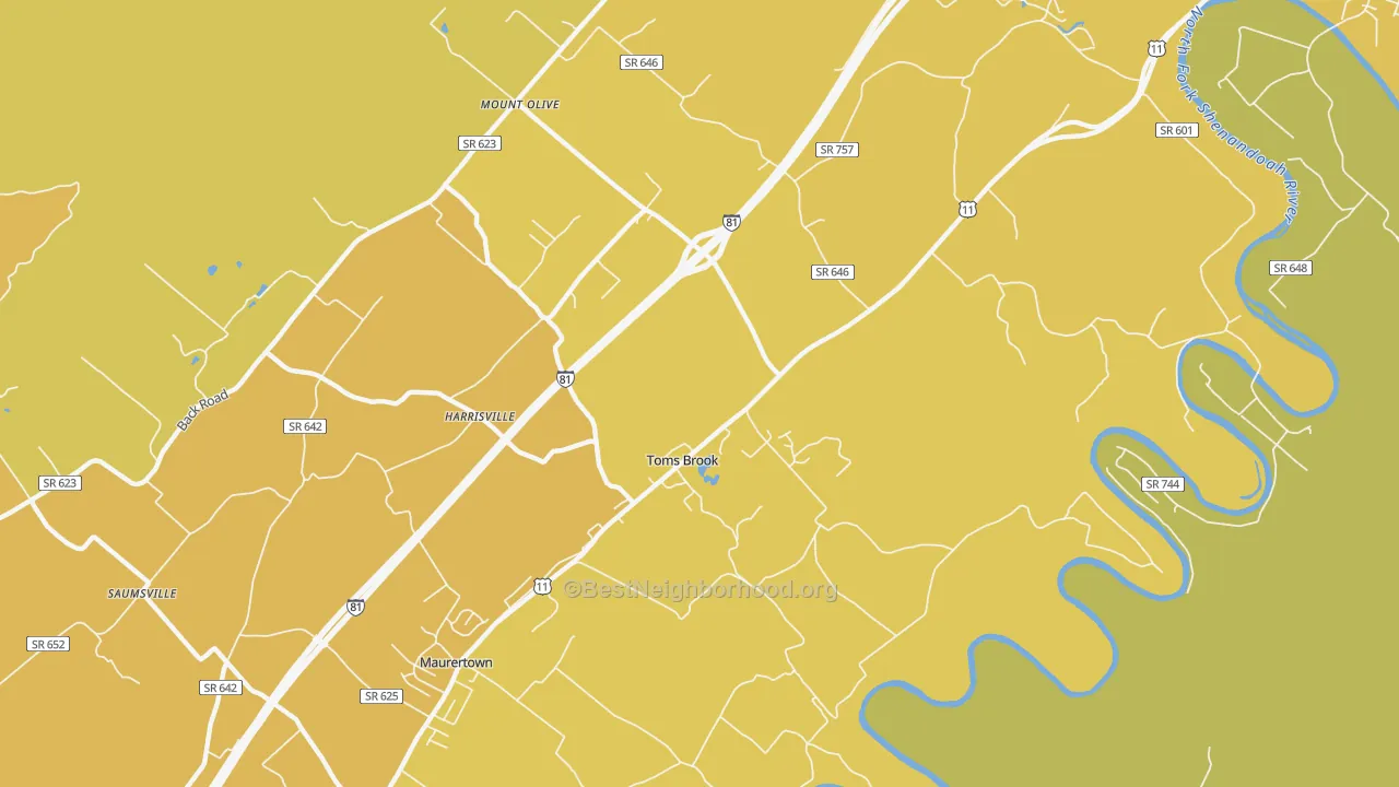 Map of the best neighborhoods in the 22660 area, with better matches in green and worse matches in red