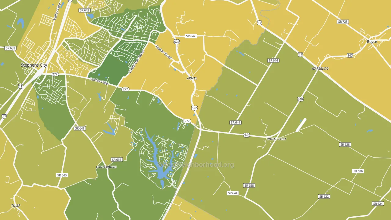 Map of the best neighborhoods in the 22663 area, with better matches in green and worse matches in red