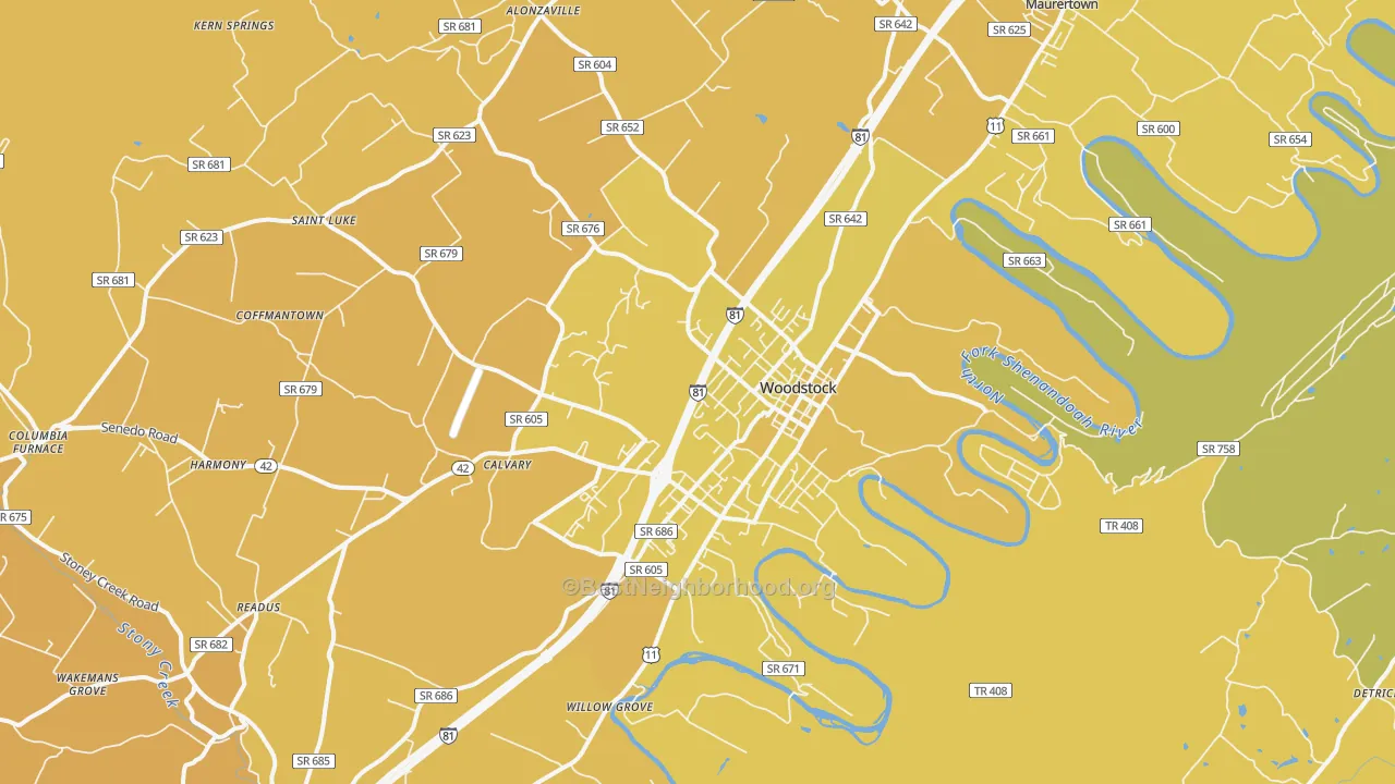 Map of the best neighborhoods in the 22664 area, with better matches in green and worse matches in red