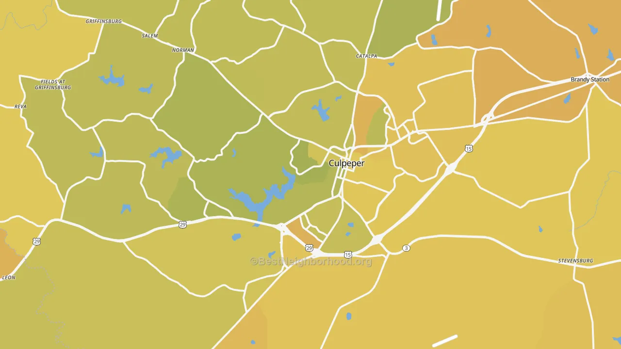 Map of the best neighborhoods in the 22701 area, with better matches in green and worse matches in red
