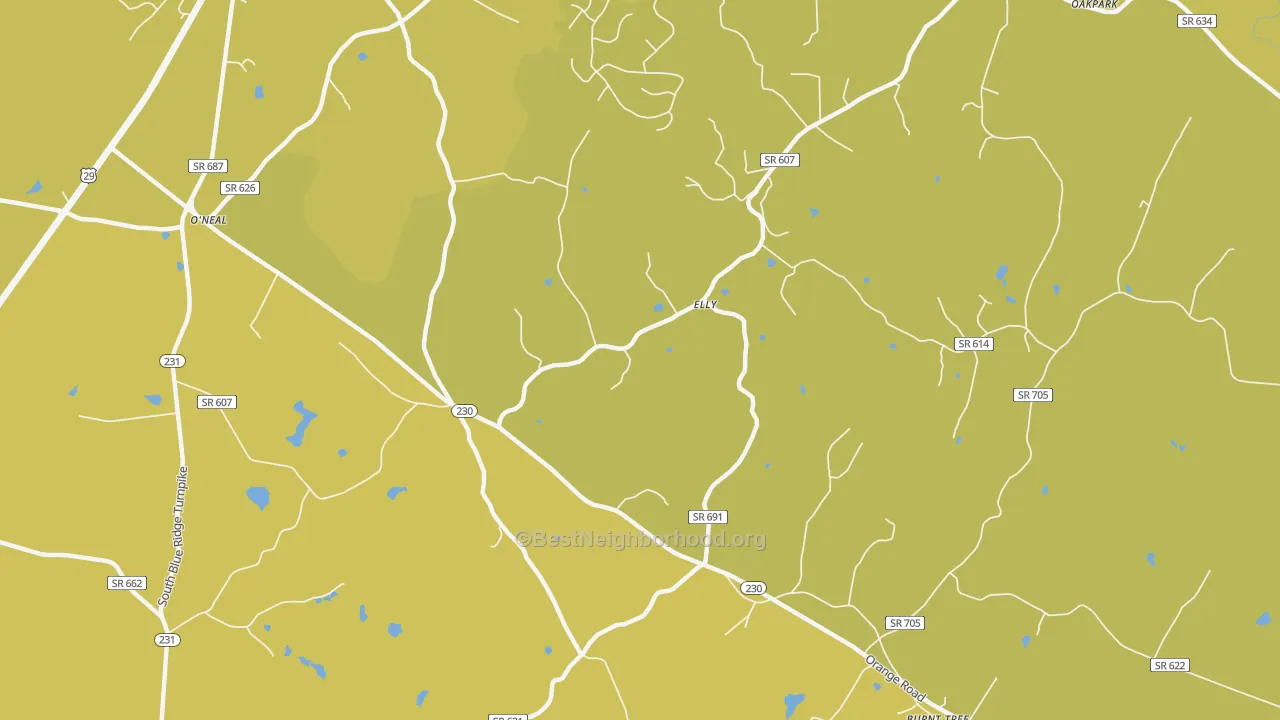 Map of the best neighborhoods in the 22709 area, with better matches in green and worse matches in red