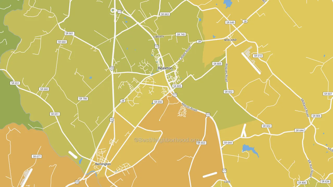 Map of the best neighborhoods in the 22712 area, with better matches in green and worse matches in red