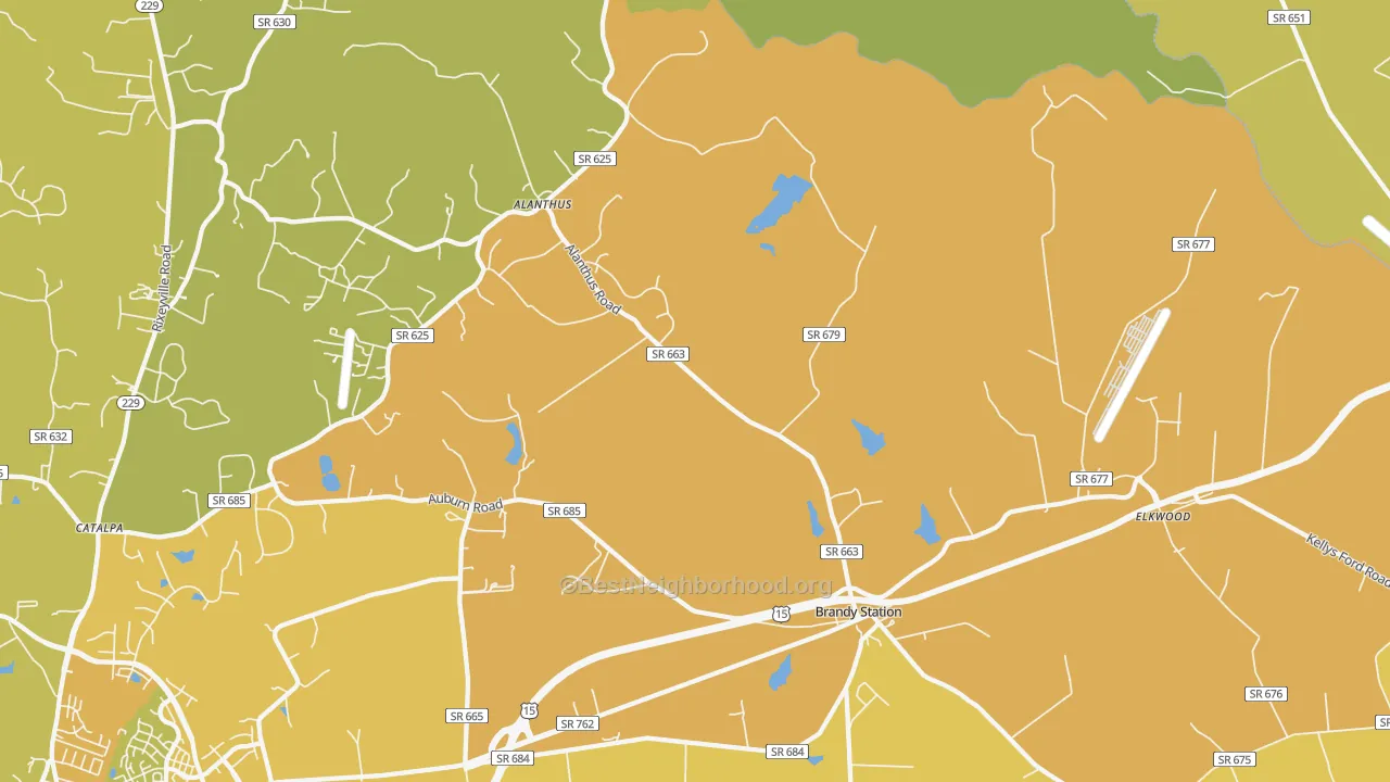 Map of the best neighborhoods in the 22714 area, with better matches in green and worse matches in red