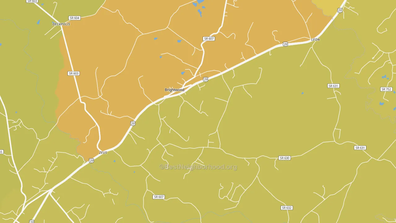 Map of the best neighborhoods in the 22715 area, with better matches in green and worse matches in red