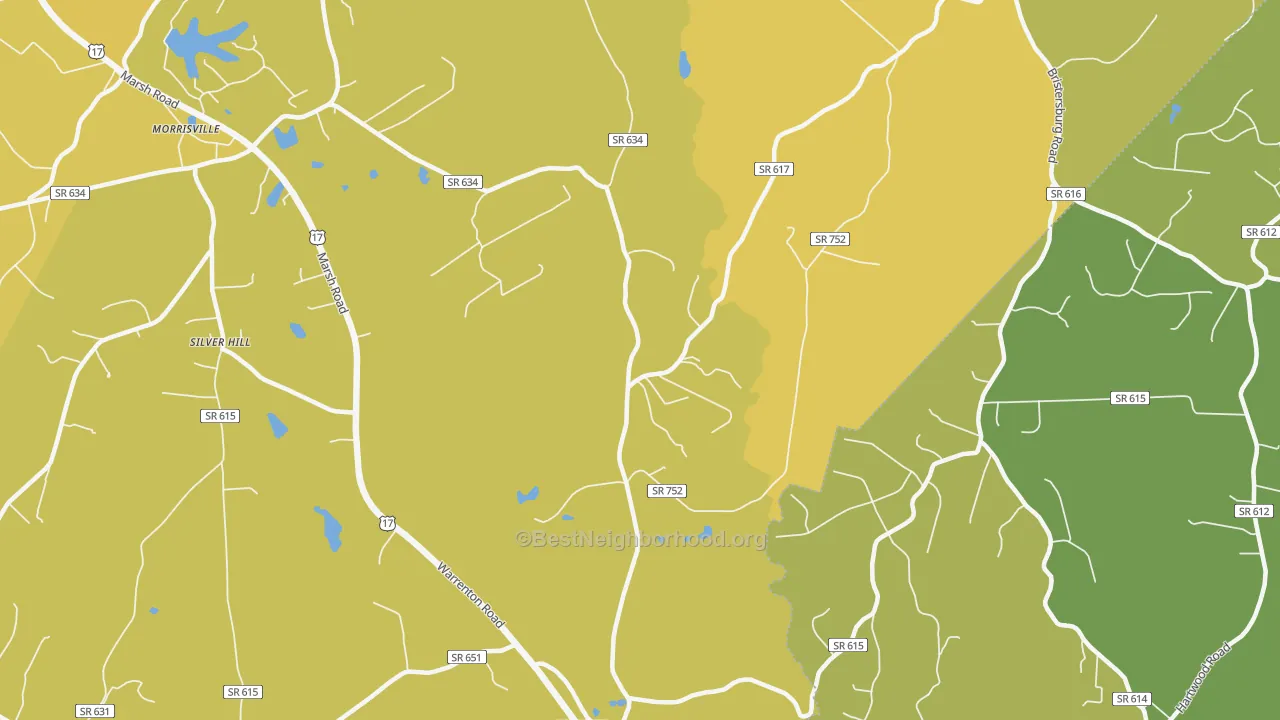 Map of the best neighborhoods in the 22720 area, with better matches in green and worse matches in red